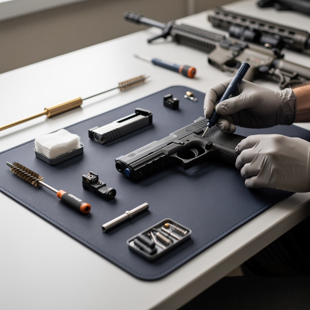 Gun Shop professional gunsmithing workbench with precision tools for firearm maintenance and repairs